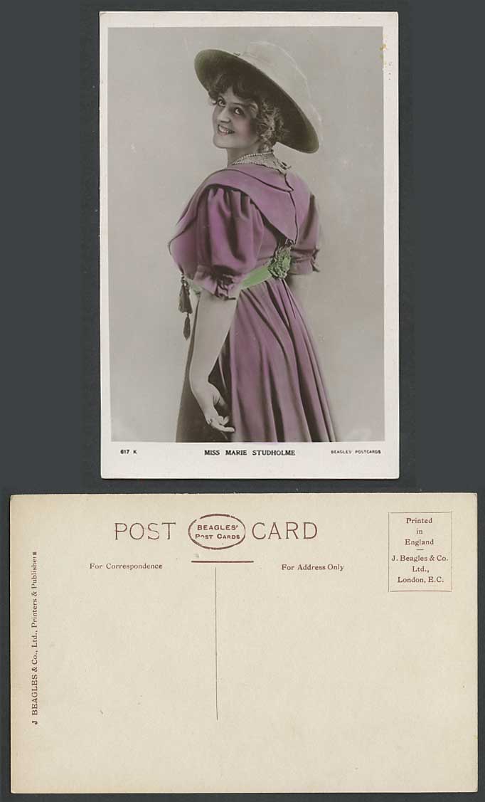 Edwardian Actress Miss MARIE STUDHOLME Old Real Photo Handcoloured Postcard 617k