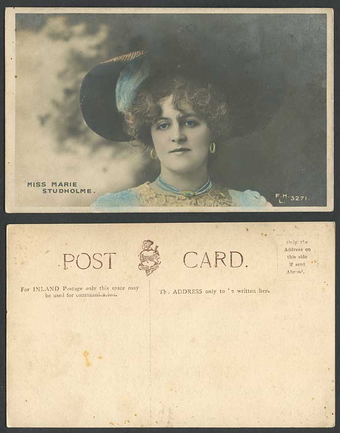 Edwardian Actress MARIE STUDHOLME Old Real Photo Handcoloured Postcard Hartmann
