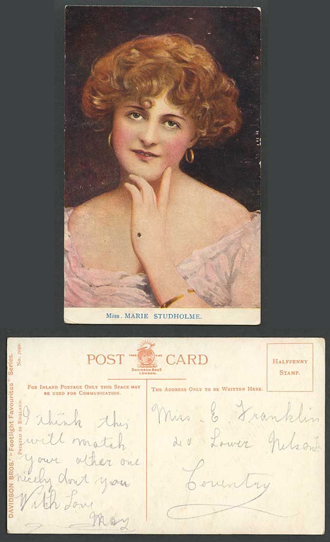 Edwardian Actress MARIE STUDHOLME Earring Footlight Favourites 7040 Old Postcard