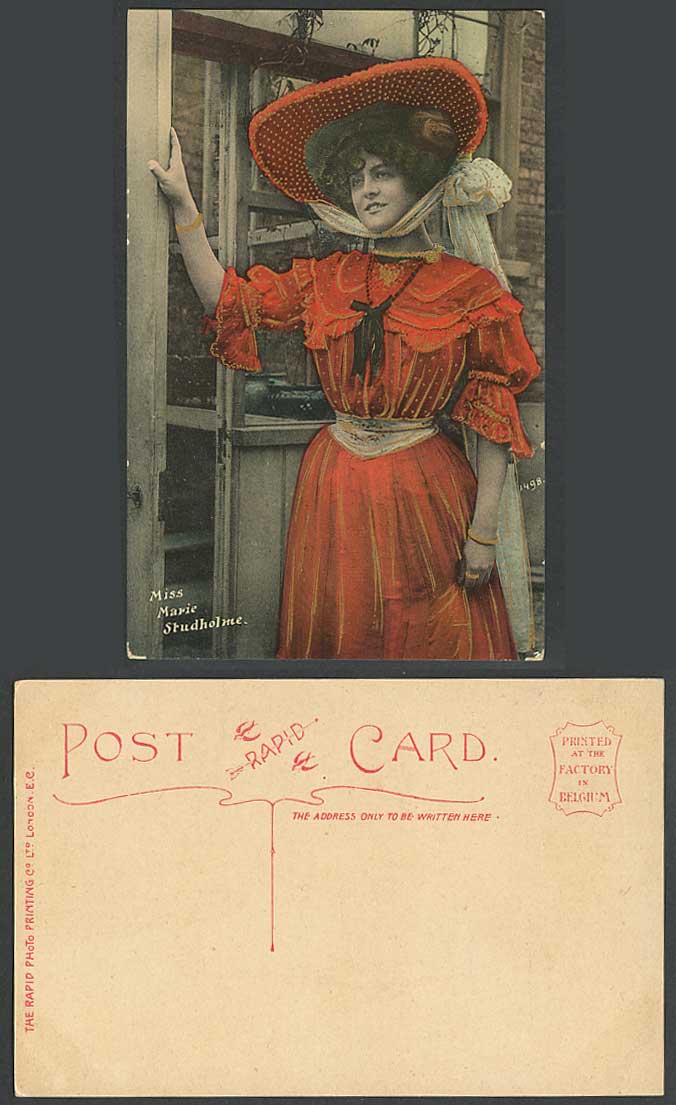 Edwardian Actress Miss MARIE STUDHOLME Red Dress & Hat Old Colour Postcard Rapid
