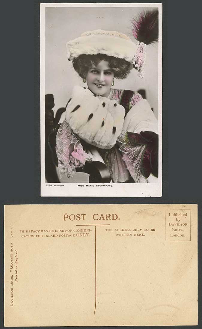 Actress MARIE STUDHOLME Muff Hand Warmer and Feather Hat Old Real Photo Postcard