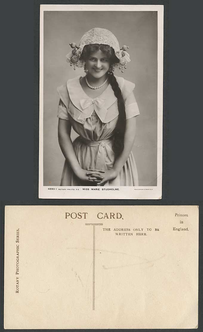 Actress Miss MARIE STUDHOLME Hat Necklace Old Real Photo Postcard Rotary 4890 I
