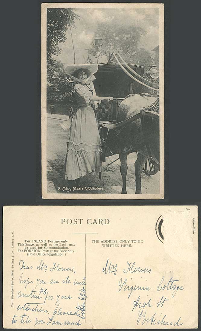 Edwardian Actress Miss MARIE STUDHOLME Horse Carriage Cart & Driver Old Postcard