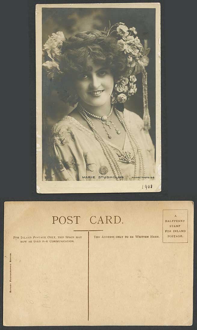 Actress Miss MARIE STUDHOLME, Necklaces and Flowers 1903 Old Real Photo Postcard