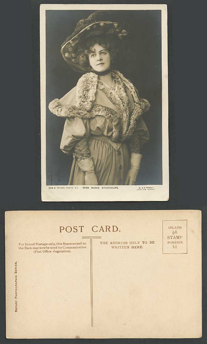 Edwardian Actress Miss MARIE STUDHOLME wearing Fur & Hat Old Real Photo Postcard