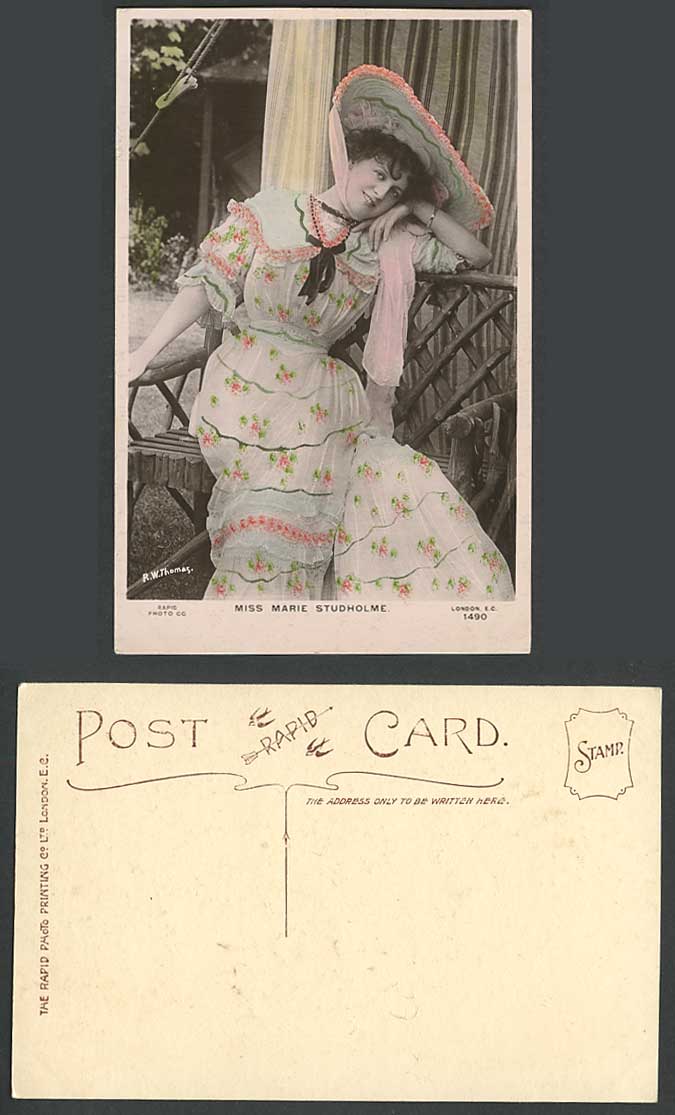 Actress Miss MARIE STUDHOLME on Twig Bench, Bracelet Hat Old Real Photo Postcard