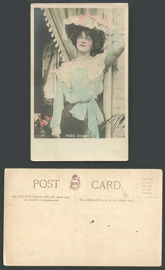 Edwardian Actress Miss MARIE STUDHOLME & Hat Old Real Photo Hand Tinted Postcard