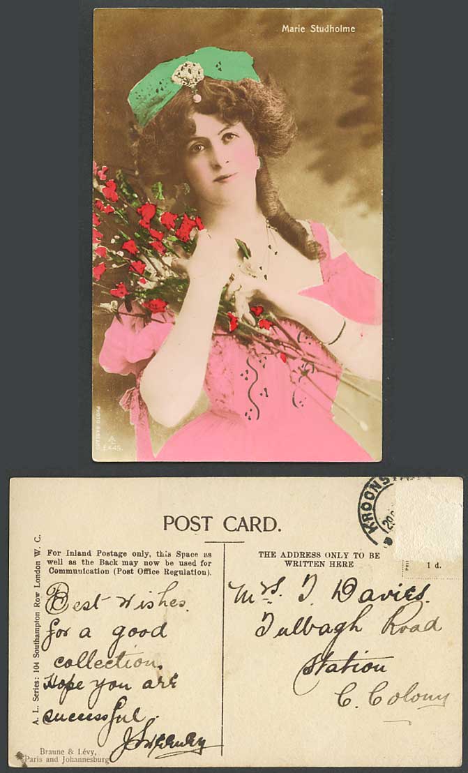 Actress Miss MARIE STUDHOLME Holding Bunch of Flowers Old Hand Coloured Postcard