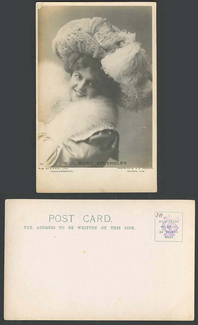 Actress Miss MARIE STUDHOLME wear Fur Scarf Large Hat Old Real Photo UB Postcard