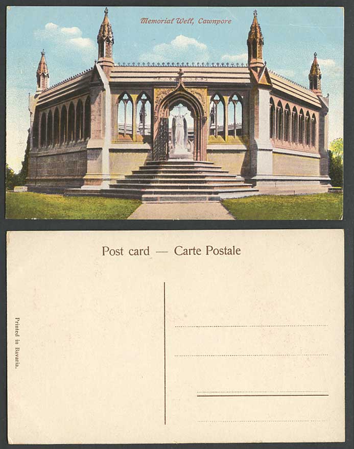 India Old Colour Postcard The Memorial Well, CAWNPORE Kanpur Entrance Gate Angel