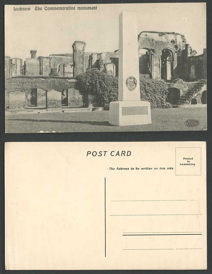 India Old Postcard The Commemorative Monument Lucknow Ruins Memorial Coat of Arm
