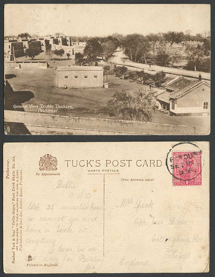 Pakistan 1919 Old Tuck's Postcard Double Deckers Peshawar, General View Panorama