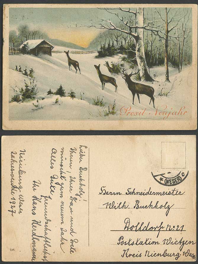 Deer Stag 1927 Old Postcard Cheers HAPPY NEW YEAR Snowy Landscape Prosit Neujahr