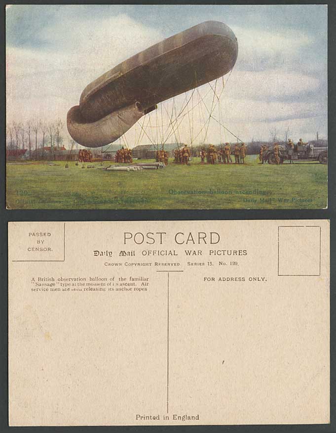WW1 Daily Mail Old Postcard British Observation BALLOON Ascends, Air Service Men