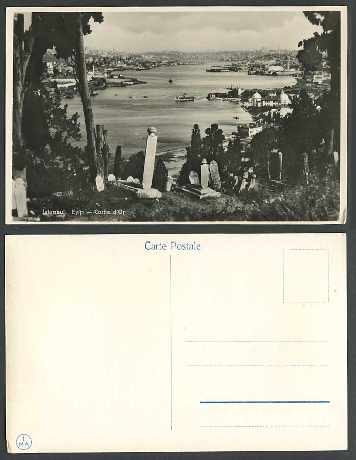 Turkey Istanbul Old Real Photo Postcard CORNE D'OR Cemetery, Boats, General View