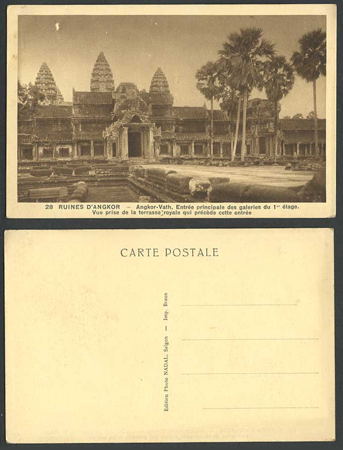 Cambodia Old Postcard ANGKOR-VATH Temple Ruins Main Entrance Terrace First Floor