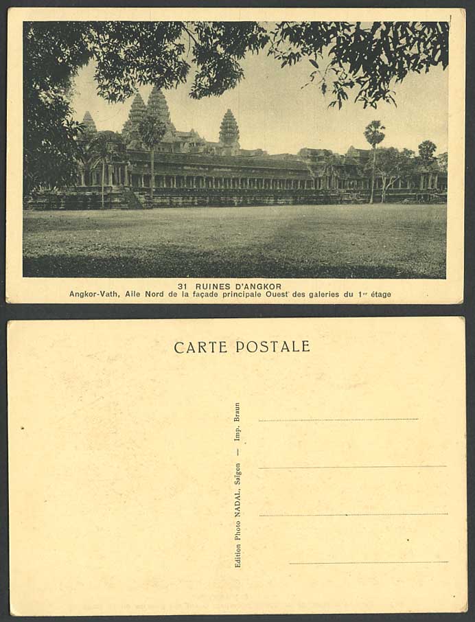 Cambodia Old Postcard ANGKOR-VATH Temple Ruins North Wing West Front First Floor