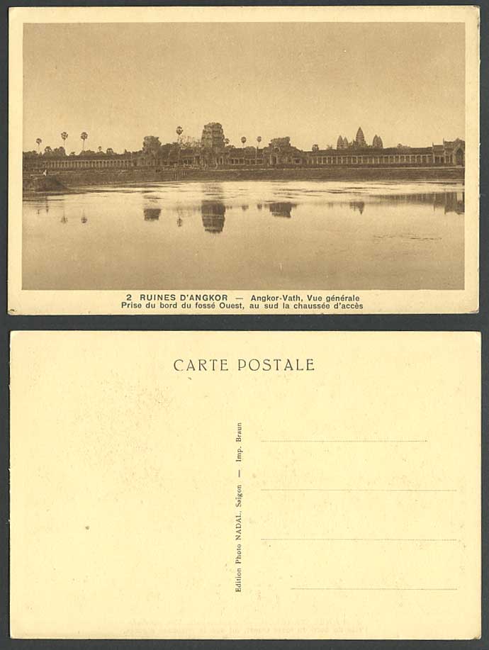 Cambodia Old Postcard ANGKOR-VATH Temple Ruins General View from West River Lake
