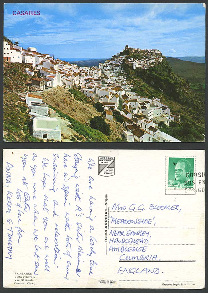 Spain 45pta Postcard Casares General View Malaga Andalusia White Houses on Hills