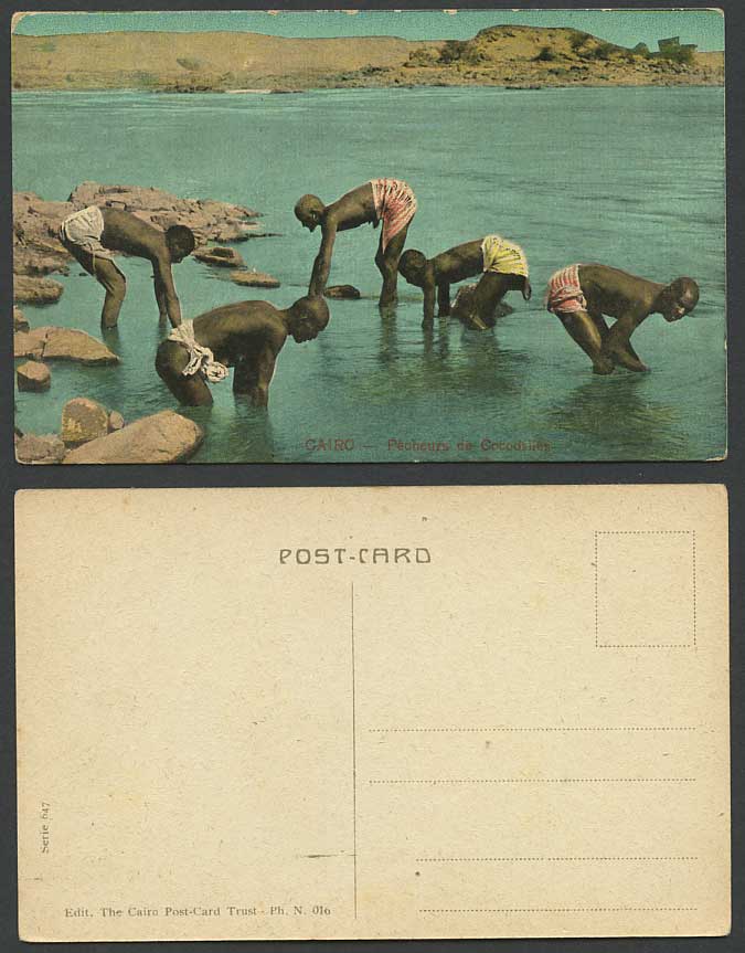 Egypt Old Postcard Cairo Fishermen Fishing Pecheurs de Cocodriles Men Crocodiles
