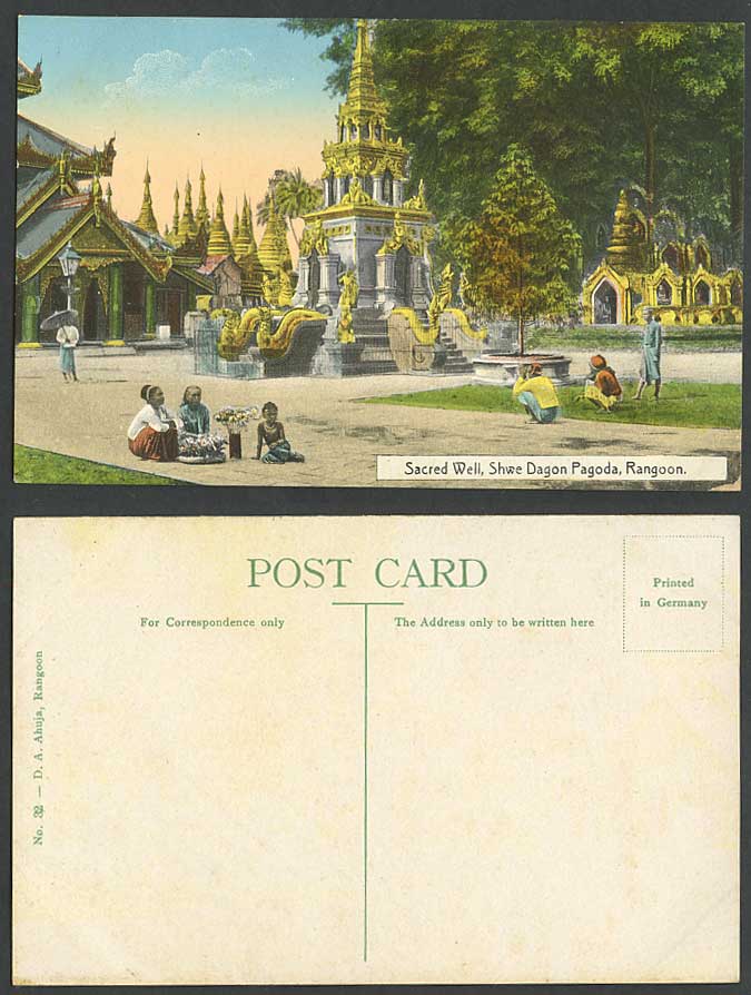 Burma Old Postcard Sacred Well Shwe Dagon Pagoda Rangoon, Temple Flowers Sellers