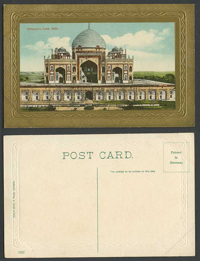 India Old Colour Embossed Postcard Hamayon's Tomb Delhi, Moorli Dhur & Sons 1322