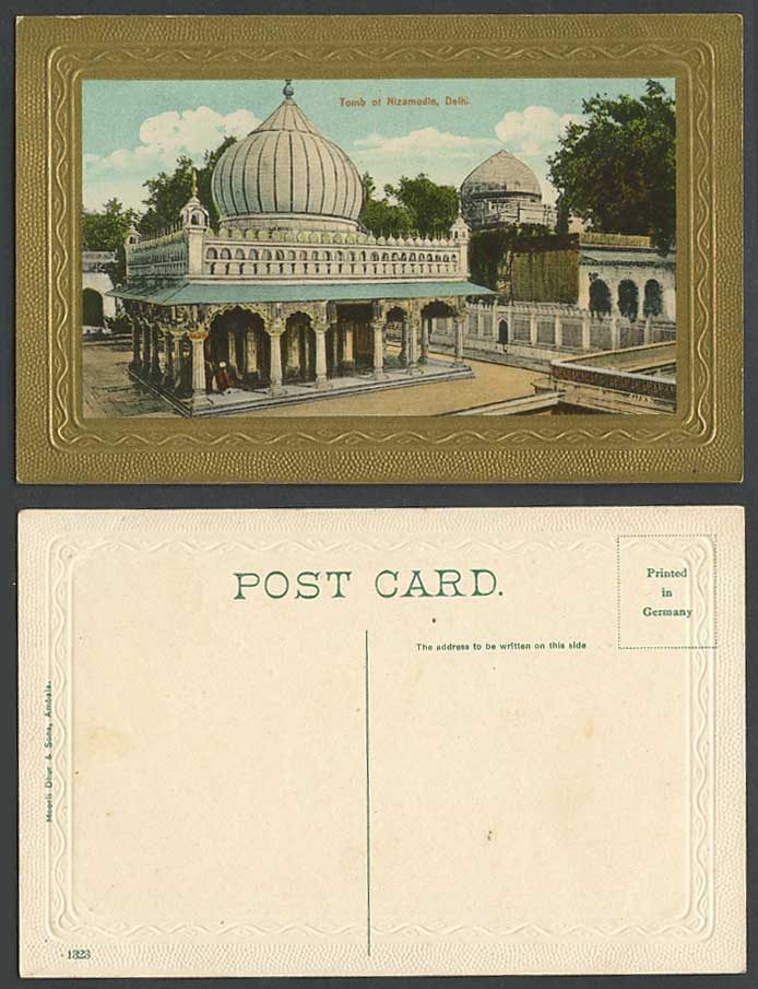 India Old Colour Embossed Postcard TOMB of NIZAMUDIN DELHI Moorli Dhur Sons 1323