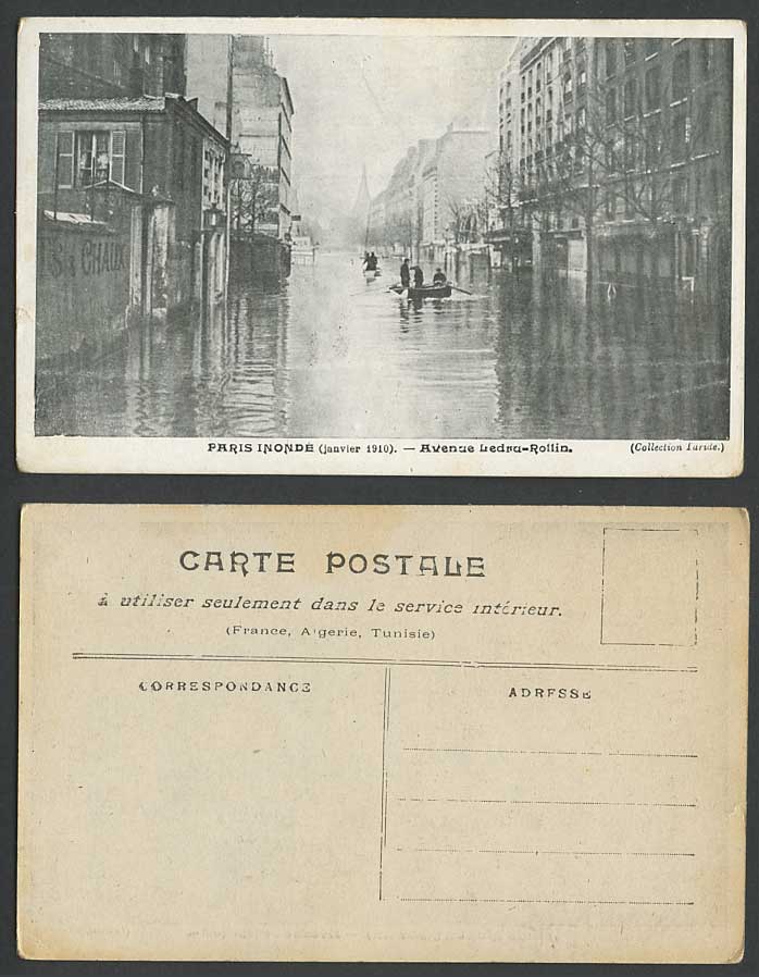 PARIS FLOOD Jan 1910 Old Postcard Avenue Ledru-Rollin Flooded Street Rescue Boat