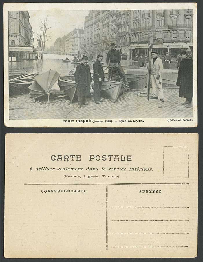 PARIS FLOOD Disasters 1910 Old Postcard Rue de Lyon Boats Canoes, Rescue Workers