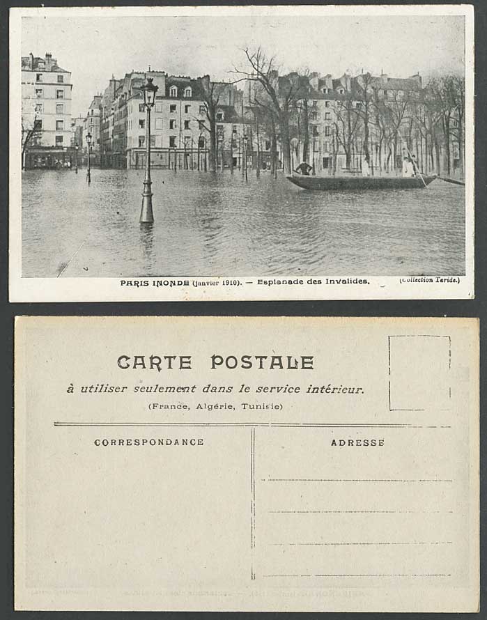 PARIS FLOOD 1910 Old Postcard Esplanade des Invalides, Boat Flooded Street Scene