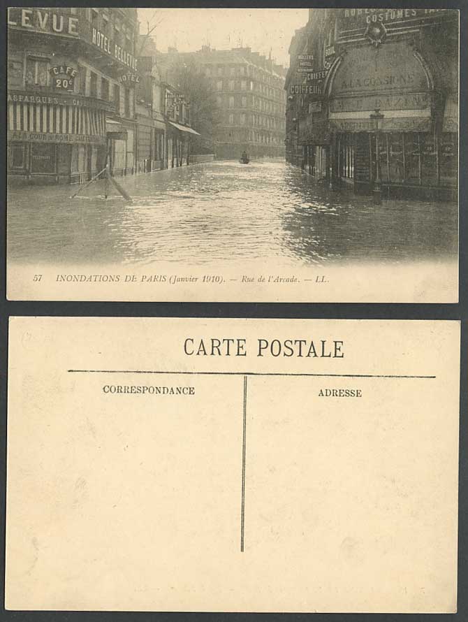 PARIS FLOOD 1910 Old Postcard Rue de Arcade, Cafe, Hotel Bellevue, Mollers Hotel