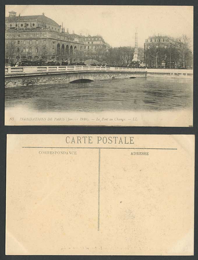 PARIS FLOOD 1910 Old Postcard Le Pont au Change Bridge Flooded River L.L. No. 83