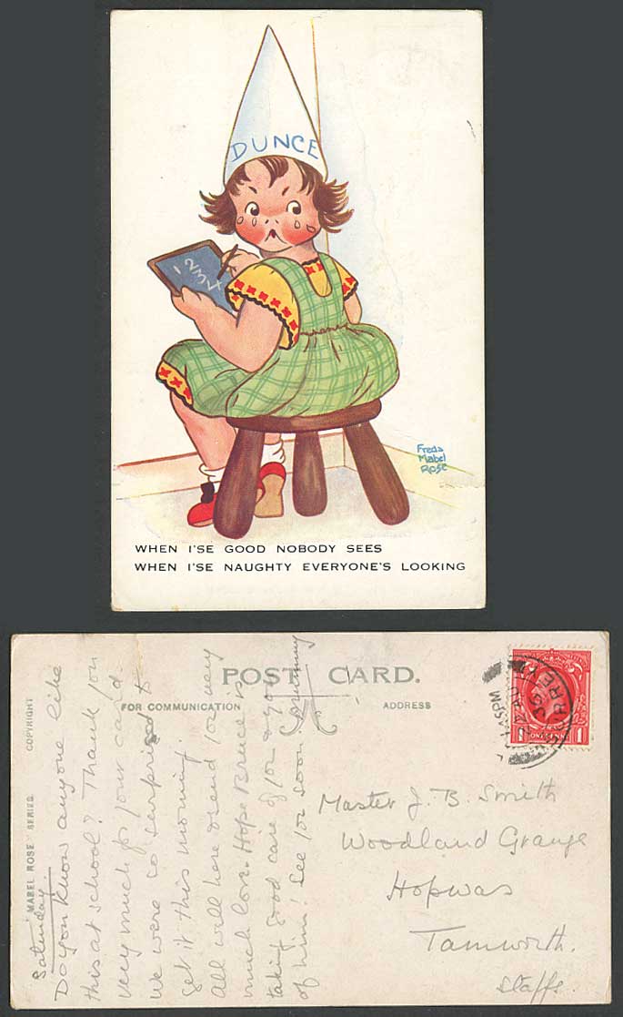 Freda Mabel Rose 1936 Old Postcard When I Good Nobody Sees Naughty Everyone Look
