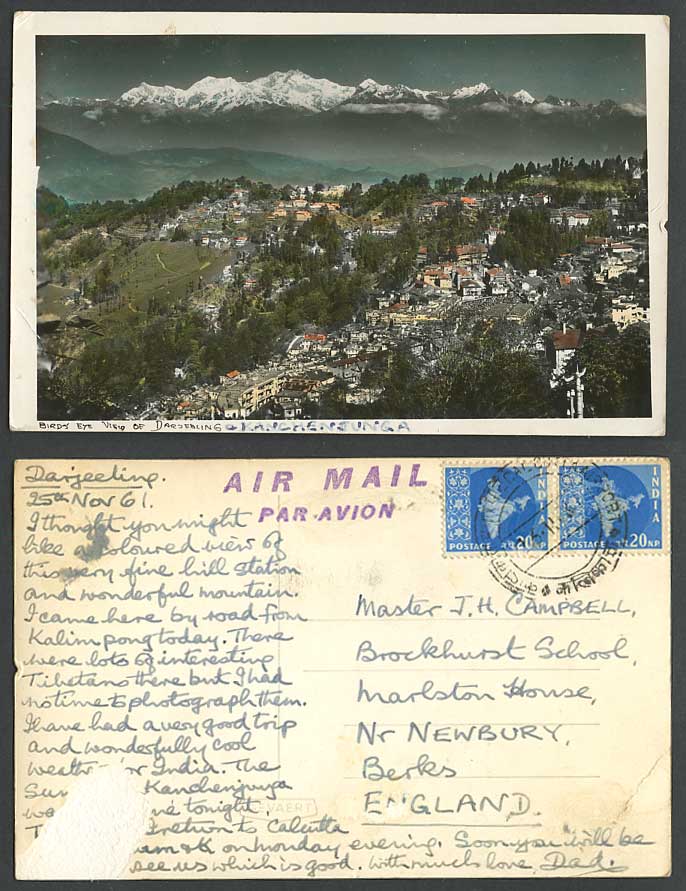 India Calcutta Airport Postmark 1961 Old RP Postcard Bird's Eye View DARJEELING
