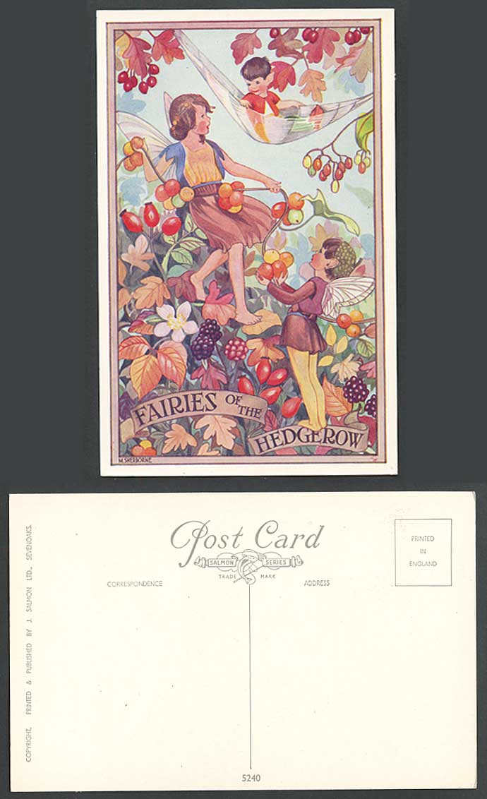 M. Sherbourne Fairies of the Hedgerow, Berries Flowers Artist Drawn Old Postcard