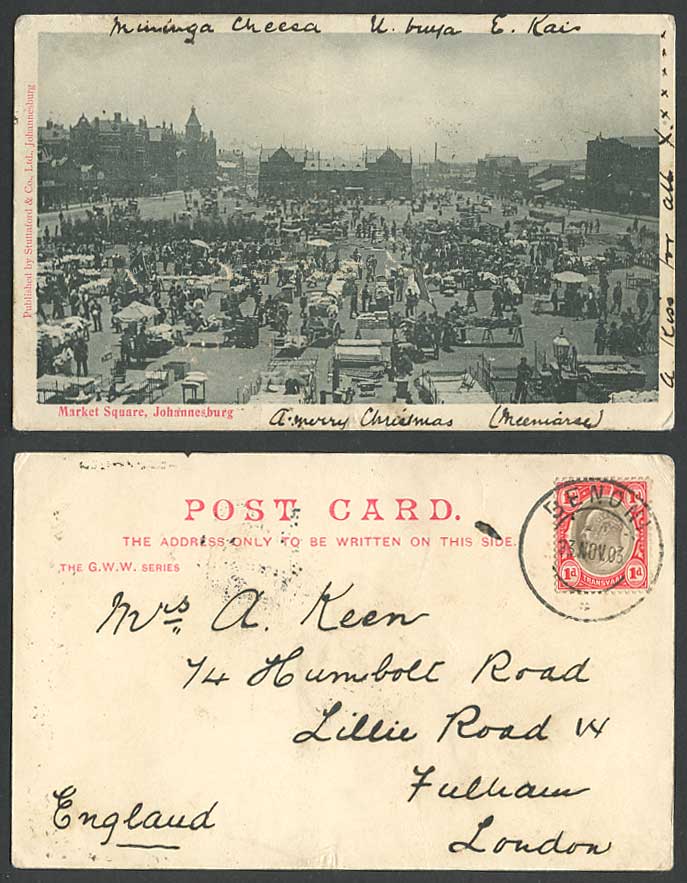 South Africa Transvaal KE 1d 1903 Old Postcard Johannesburg Market Square Street