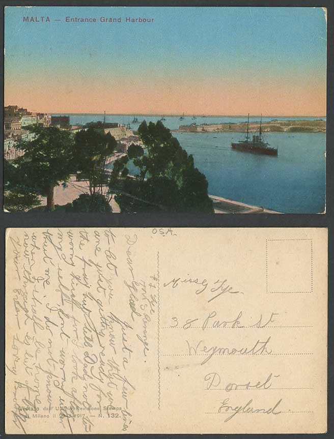Malta Old Postcard Entrance Grand Harbour, A Battleship Warship Military Vessel