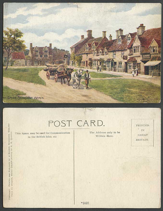 AR Quinton Old Postcard THE GREEN BROADWAY WORCS Worcestershire Horses Cart 1622