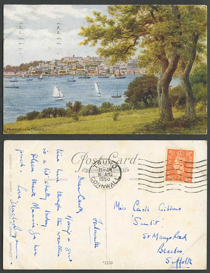 AR Quinton 1950 Old Postcard Falmouth from Trefusis, Sailing Boats Panorama 2320
