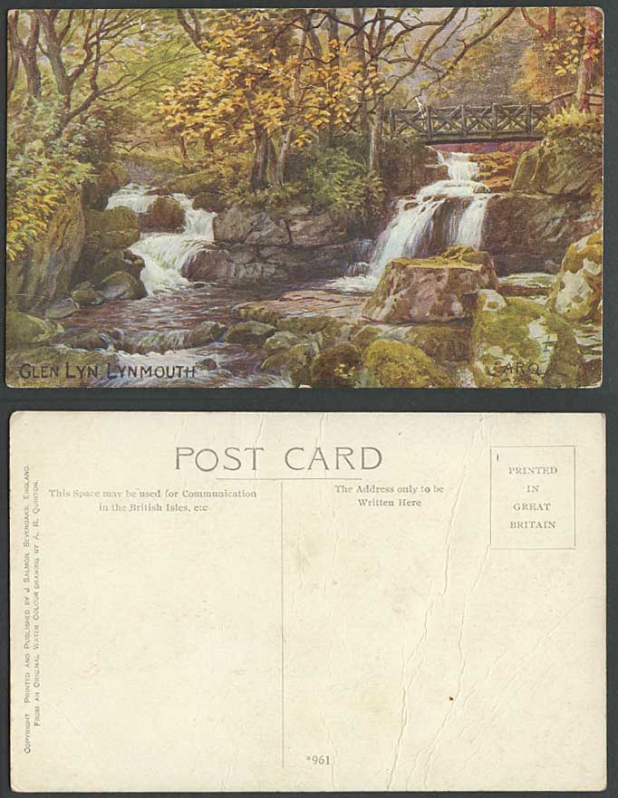 AR Quinton Old Postcard Glen Lyn Lynmouth Bridge Water Falls Cascades Rocks 961