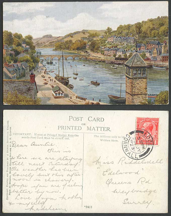 AR Quinton 1923 Old Postcard Looe River & Bridge Boat Street Scene Panorama 2411