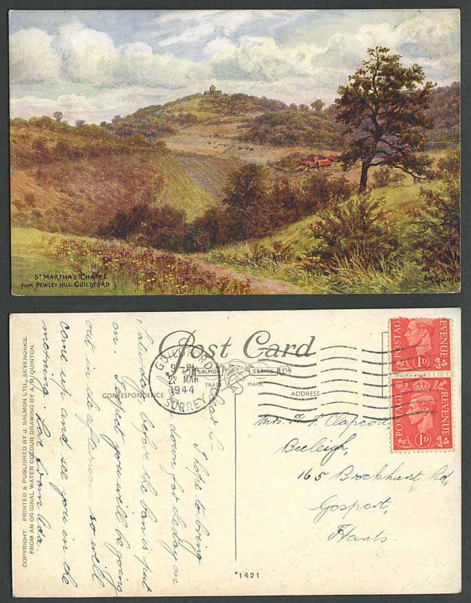 AR QUINTON 1944 Old Postcard St. Martha's Chapel from Pewley Hill GUILDFORD 1421