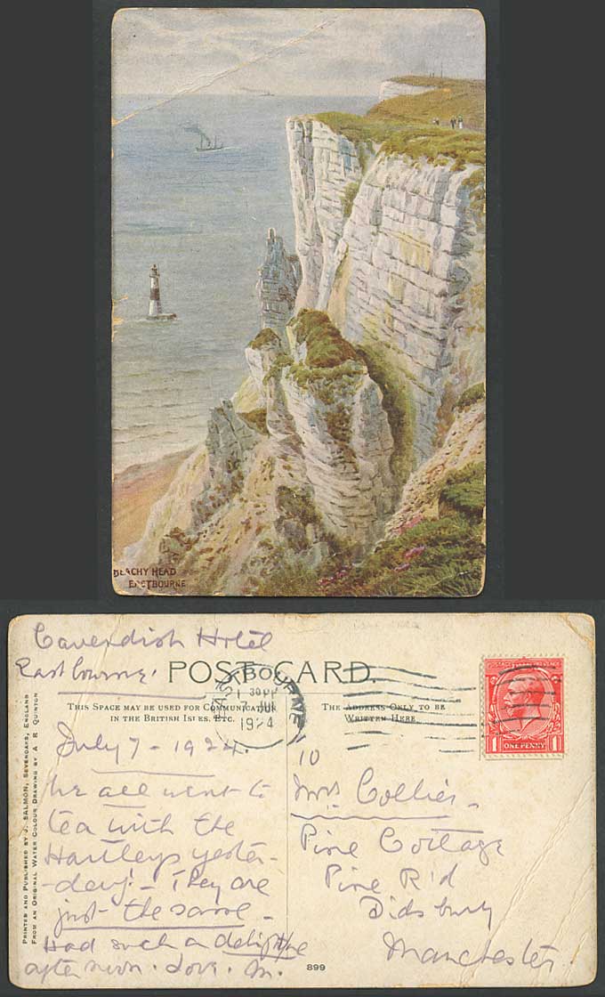 AR Quinton 1924 Old Postcard BEACHY HEAD Eastbourne Lighthouse Cliffs Coast 899