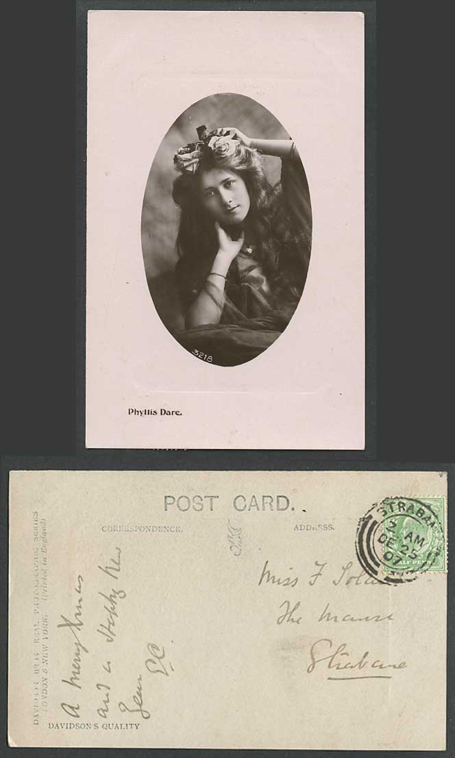 Actress Miss PHYLLIS DARE Rose Flowers 1907 Old Real Photo Postcard Davidson Bro