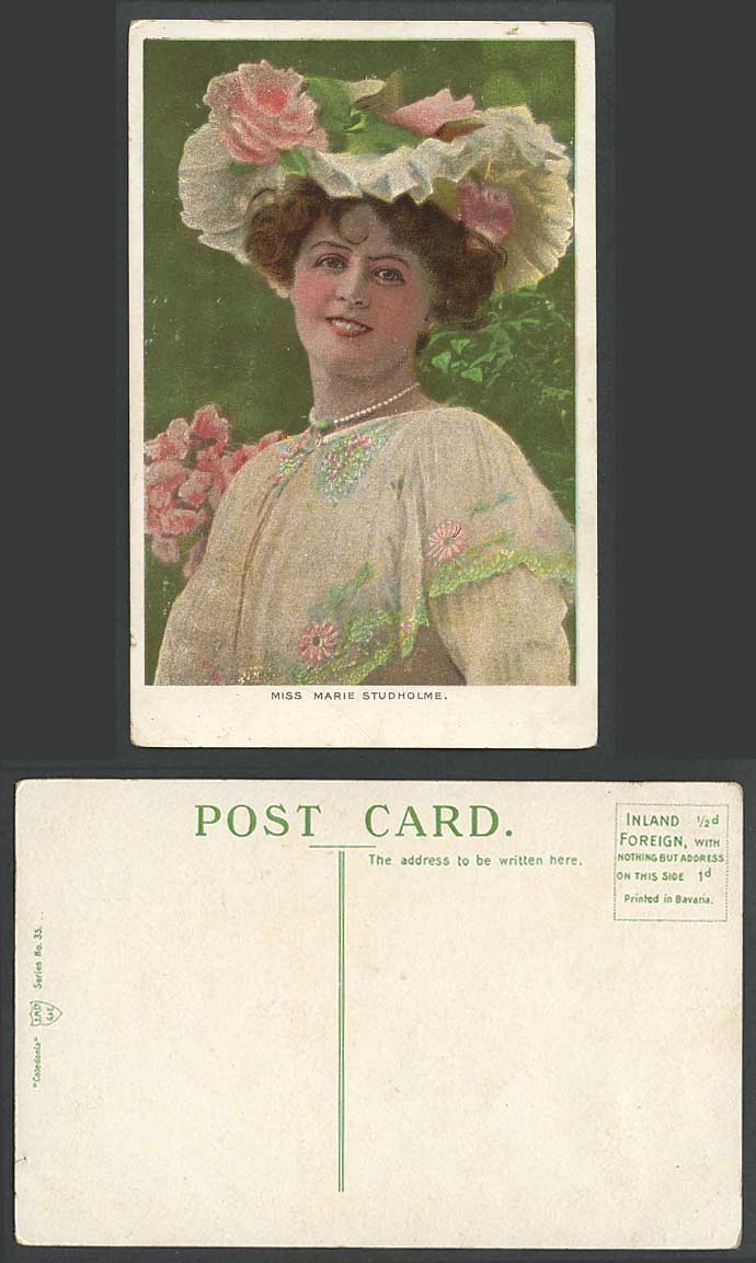 Actress Miss MARIE STUDHOLME Flowers Hat Smile Pearl Necklace Old Color Postcard