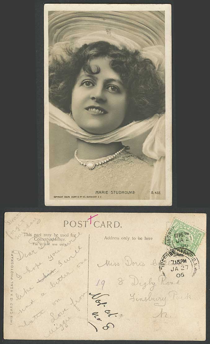 Actress Miss MARIE STUDHOLME, Hat, Smile & Necklace 1906 Old Real Photo Postcard