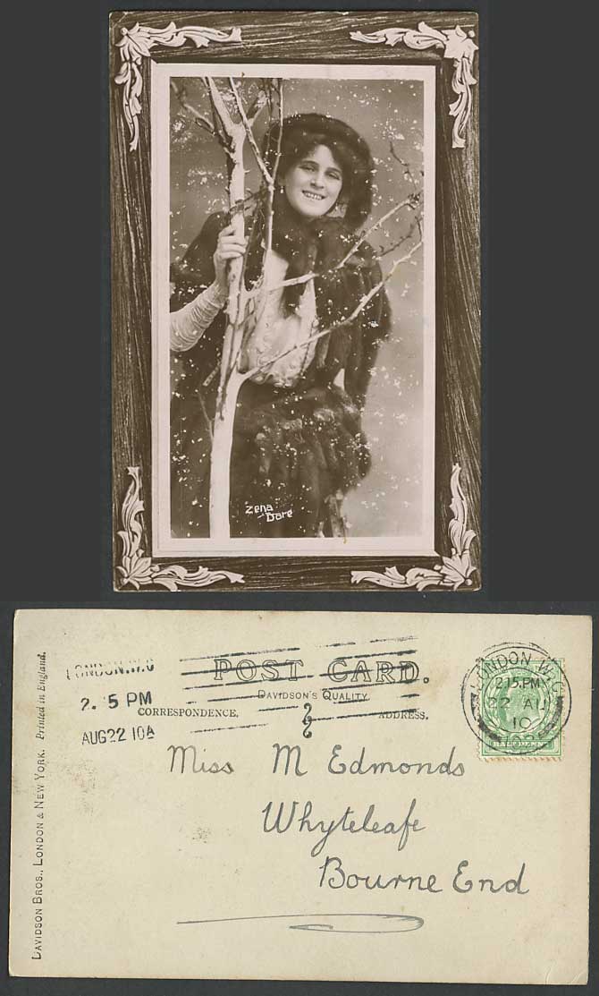 Actresses Miss ZENA DARE Winter Snow 1910 Old Real Photo Postcard Davidson Bros.