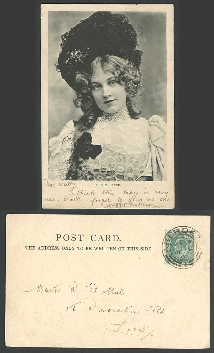 Actress Miss M. Sayre, Hat Lace Costumes Glamour Lady Woman 1902 Old UB Postcard