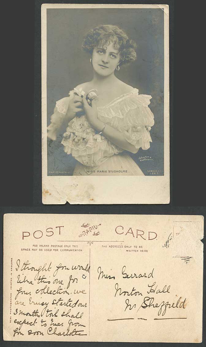 British Actress Miss MARIE STUDHOLME Holding Flowers Old Real Photo Postcard