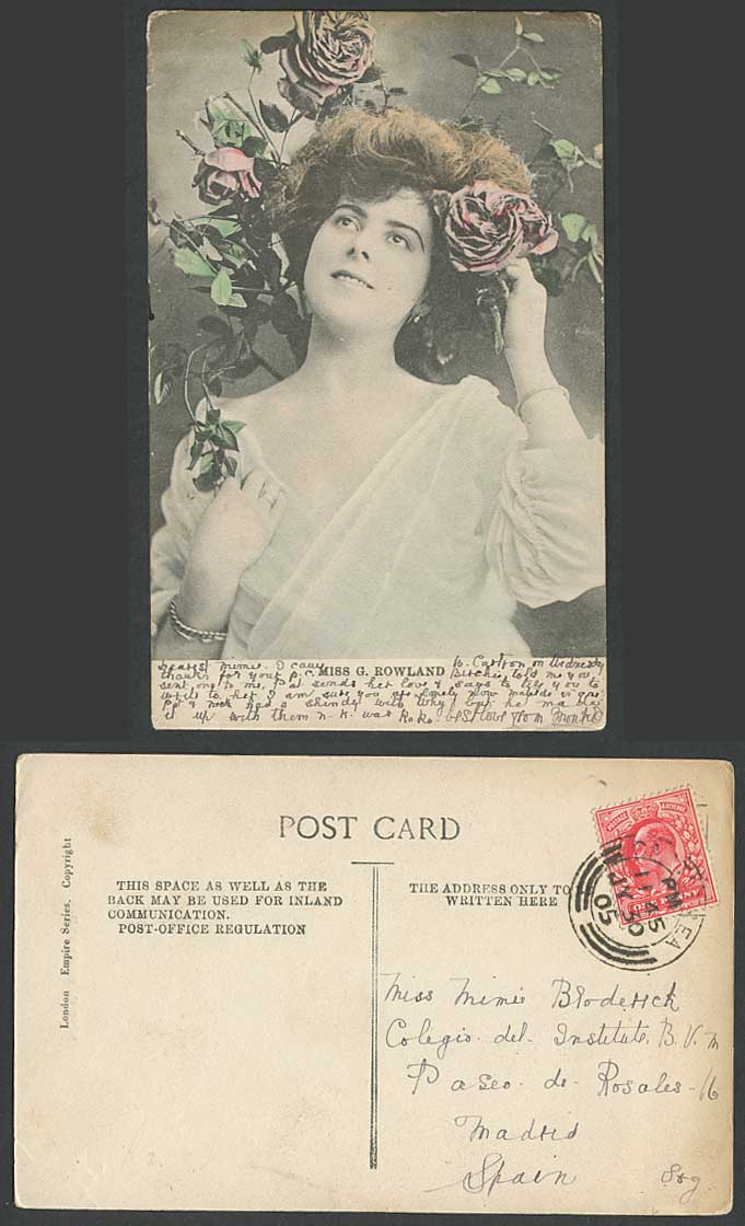 English Actress Miss GAYNOR ROWLANDS Roses Flowers 1905 Old Hand Tinted Postcard
